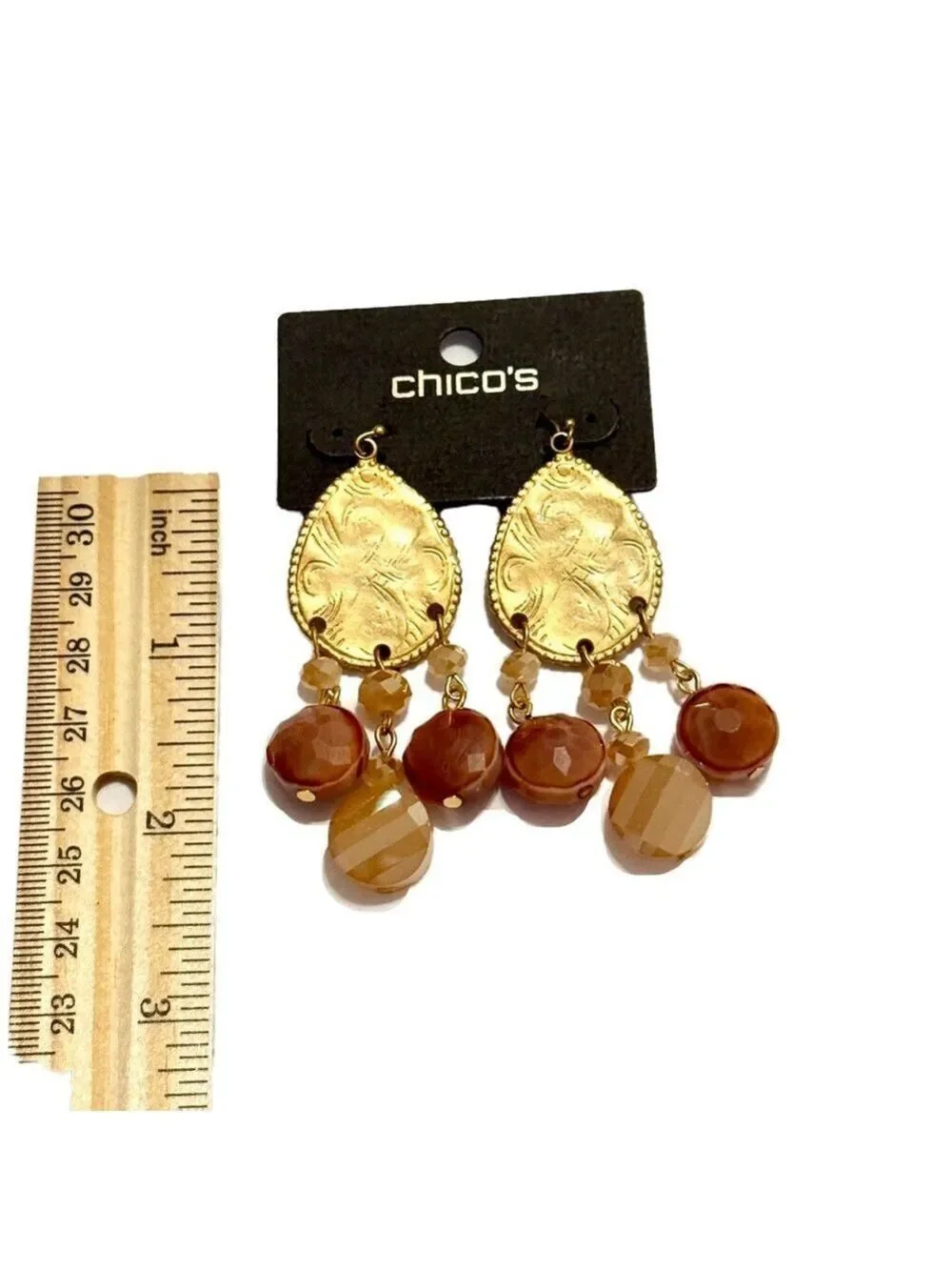 Chico's Gold Teardrop Dangle Earrings Peachy Gemstone NWT